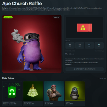 The image shows an "Ape Church Raffle" page featuring the Gimboz NFT collection, with 6 days, 11 hours, 44 minutes, and 40 seconds remaining in the raffle, and key details like "4444" supply and "99.41%" RTP, aligning with the accompanying post about Gimboz's features including poker tournaments, $Ape farming, and a 4444 supply.
