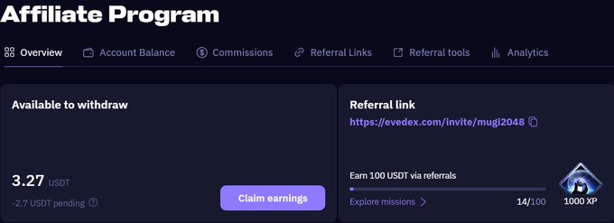 An Affiliate Program dashboard showing 3.27 USDT available to withdraw, with a referral link https://evedex.com/invite/mugi2048 and an XP progress bar at 14/100.