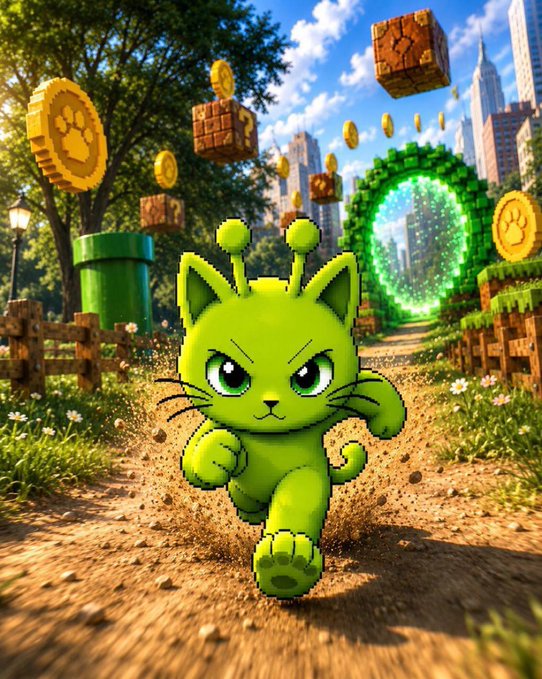 A determined green alien-like cat with antennae charges forward along a dirt path, surrounded by floating paw-print coins and pixelated Mario-style blocks, with a glowing green portal and city skyline in the background—visually capturing the "Alien Cat" theme and playful crypto vibe of the $PAWHOOD project on the Robinhood chain mentioned in the post.