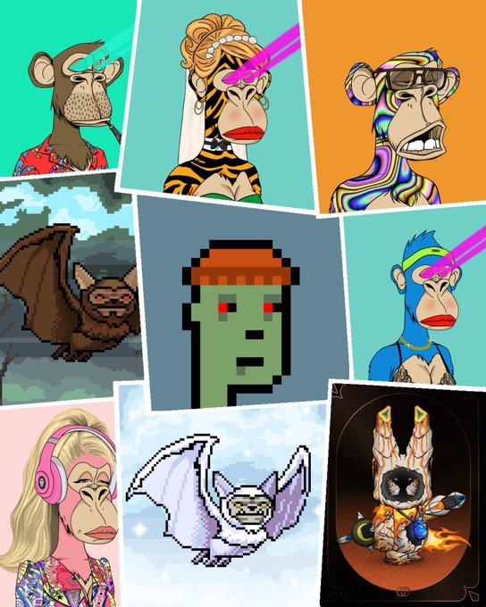 A collage of various NFT avatars, including Bored Ape-like characters with different traits, bats, and a pixel art zombie character.
