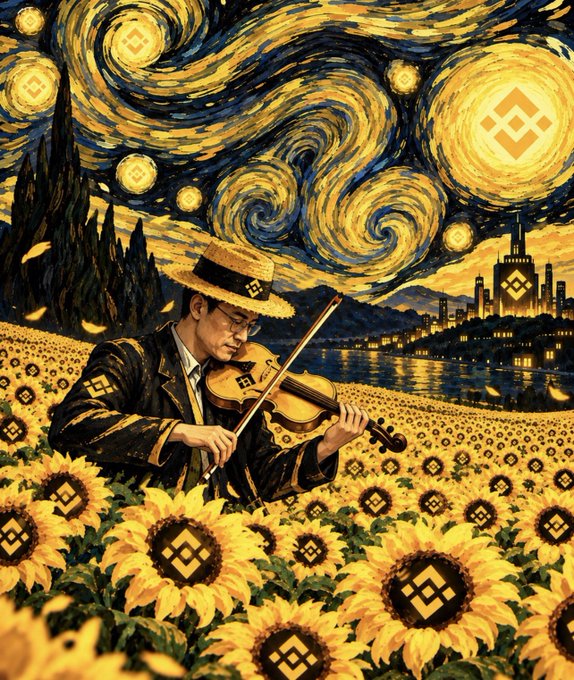 A man in a straw hat plays violin amid a Van Gogh-style sunflower field beneath swirling stars, with golden BNB logos embedded in the sunflowers, moons, and a glowing city skyline by the water. The dreamlike, artistic scene mirrors the post's theme of escaping into one's own imagination, while the recurring BNB emblems tie the surreal vision to cryptocurrency.