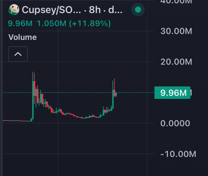 A trading chart for $Cupsey/SO showing an 11.89% gain with a current volume of 9.96M, displaying a dramatic spike followed by consolidation and a recent upward push. The post humorously suggests the sudden volume spike could have been caused by someone accidentally typing the ticker into the chart.
