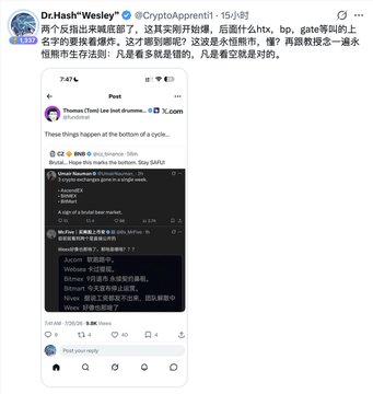 A Chinese-language tweet screenshot from Dr.HashWesley (@CryptoApe) discussing leverage trading risks, referencing Thomas (Tom) Lee and market predictions.