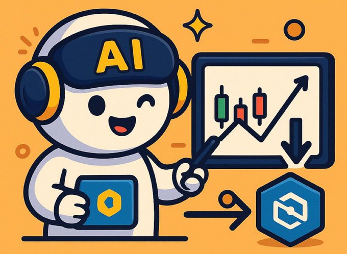 A cheerful cartoon AI character wearing a headset labeled "AI" points to a tablet displaying a trading chart with candlesticks and an upward arrow, while holding a hexagonal device—visually representing how AI analyzes market data to drive smarter DeFi decisions. The arrow leading to a data block icon reinforces the post's message that high-quality data fuels reliable AI-driven insights in decentralized finance.