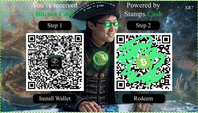 A digital graphic titled "You've received Bitcoin Cash!", featuring a central figure resembling Jack Sparrow with green glowing eyes, flanked by two QR codes labeled "Install Wallet" and "Redeem", and text reading "Powered by Stamps.Cash".