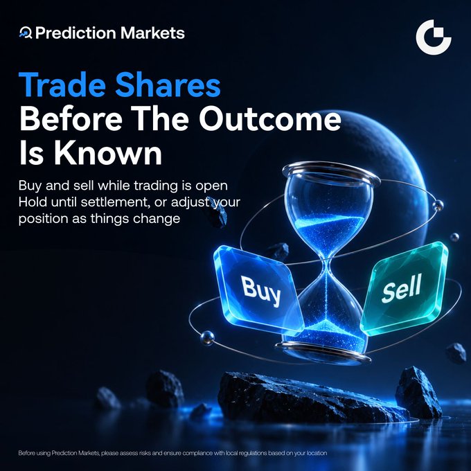 A promotional graphic for “Prediction Markets” on Gate features the headline “Trade Shares Before The Outcome Is Known,” with Buy and Sell buttons surrounding an hourglass in a space-themed scene. It supports the post by showing how users can trade event-based prediction shares using their Gate account and spot USDT, without a separate wallet or asset bridging.