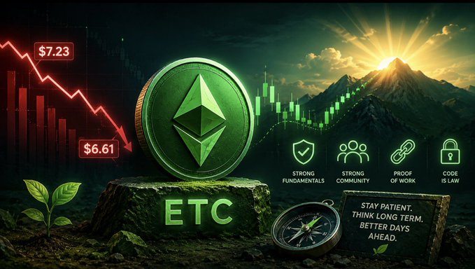 **Caption:** An Ethereum Classic (ETC) coin rests on a stone pedestal beside a compass and motivational signs reading "Strong Fundamentals," "Strong Community," "Proof of Work," "Code is Law," and "Stay Patient, Think Long Term, Better Days Ahead," while a chart on the left shows ETC's pullback from $7.23 to $6.61 against a backdrop of mountains, reinforcing the post's message that short-term dips don't undermine ETC's long-term bullish case.