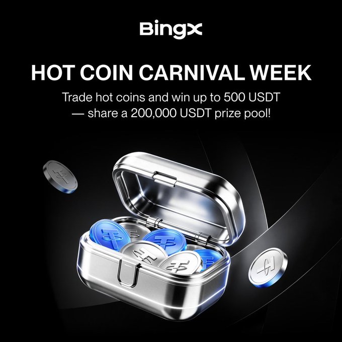 A BingX promotional graphic for 'HOT COIN CARNIVAL WEEK' advertising a 200,000 USDT prize pool, featuring a metallic container filled with USDT coins on a dark background.
