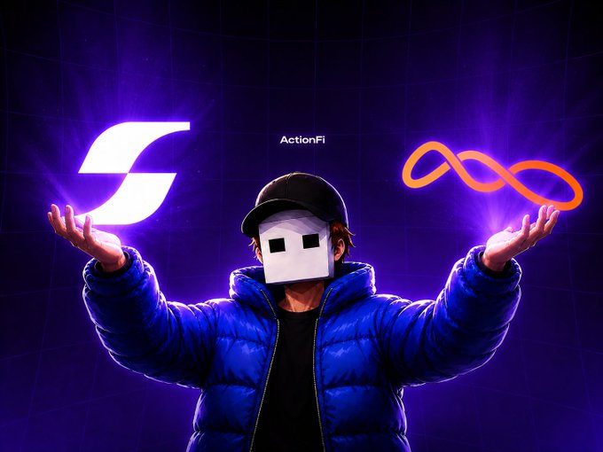 An anime-style illustration of a character wearing a white mask and blue puffer jacket, with arms outstretched toward glowing logos, labeled 'ActionFi'.