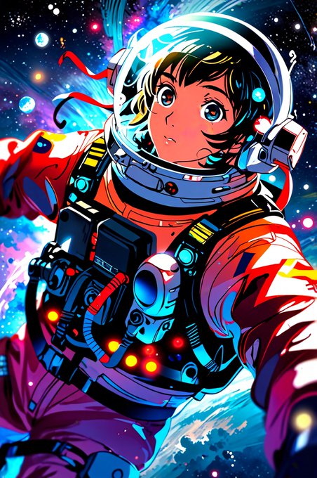 Anime-style digital illustration of a young astronaut with large blue eyes in a colorful space suit against a vibrant cosmic background.