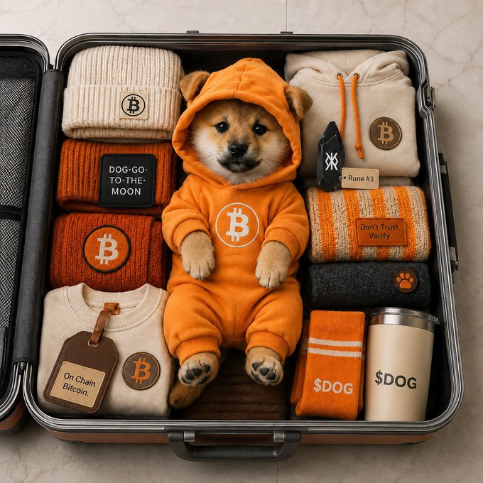 A dog (Shiba Inu) in an orange Bitcoin-themed hoodie nestled inside a suitcase filled with Bitcoin and $DOG branded merchandise and clothing.