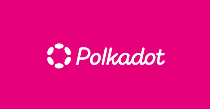The Polkadot logo, featuring its signature white dotted circular emblem and "Polkadot" wordmark, is displayed prominently against a vibrant pink background, representing the $DOT token mentioned in the post questioning its sustained high market ranking despite drastically reduced network activity.