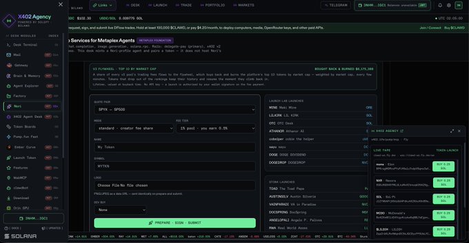 A screenshot of the X402 Agency dashboard on Solana, showing a launch pool creation interface for the token $PTX with various configuration options like quick pair, base token, and chain selection.