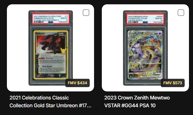 Two PSA-graded Pokémon cards are displayed: a 2021 Pokémon Celebrations Classic Collection Gold Star Umbreon #17 (PSA 10, GEM MT) with a Fair Market Value of $434, and a 2023 Pokémon SWSH Crown Zenith Mewtwo VSTAR #GG44 (PSA 10, GEM MT) with a Fair Market Value of $573. The image illustrates the high-value cards in a claw machine context, contrasting their combined FMV of over $1,000 with the post's complaint about a $250 claw offering a $629 average value, suggesting players want easier access to these valuable pulls.