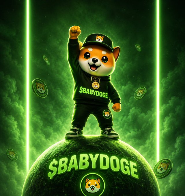 A cartoon Shiba Inu dog wearing a black cap and hoodie with '$BABYDOGE' text, raising a fist triumphantly while standing on a green sphere labeled '$BABYDOGE' against a glowing green background.