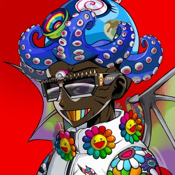 A colorful, stylized illustration of a dark-skinned cartoon character wearing pixelated 'OTX' sunglasses, a gold grill, and a shirt decorated with Takashi Murakami-style smiling flowers and an octopus hat on a red background.
