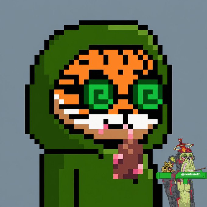 A pixel art style image of a character wearing a green hoodie with green swirl eyes and orange skin, with a small watermark image of a hooded figure holding a giraffe labeled "@renksletth" in the corner.