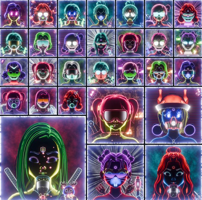 A grid collage of neon-lit cyberpunk character portraits featuring stylized figures with glowing eyes, visors, and sunglasses in vibrant pink, blue, green, and purple hues.