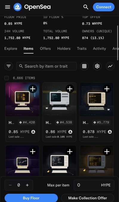 A mobile screenshot of OpenSea showing floor prices in HYPE, with 6,666 items listed featuring old computer graphics, each priced around 0.85-0.88 HYPE.