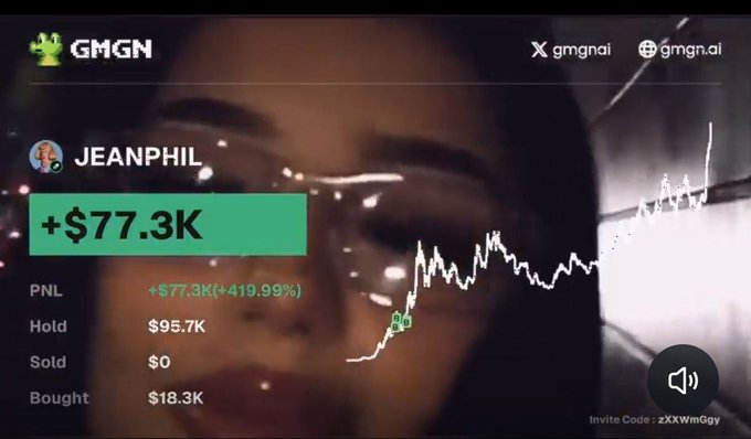 A GMGN.ai dashboard screenshot showing a user 'JEANPHIL' with a profit/loss of +$77.3K (+419.99%), hold value of $95.7K, sold $0, bought $18.3K, with invite code 'zXXWmGgy' visible.