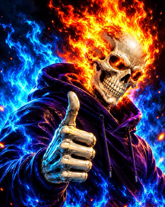 A digital artwork of a flaming skull wearing a purple hoodie, giving a thumbs-up against a background of blue and orange flames.