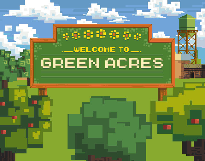 The image features a green sign that says "Welcome To Green Acres", with a tree and some buildings visible behind it, suggesting an agricultural or rural setting. The text "Green Acres" appears multiple times throughout the scene, indicating that this is likely a digital illustration or a graphic design related to a specific location or theme.