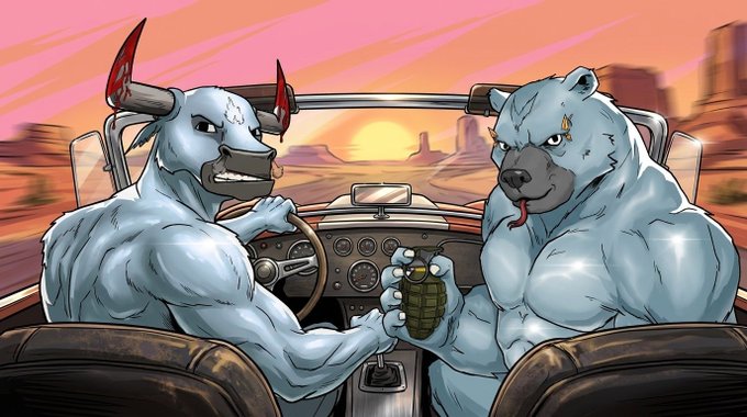 A cartoon illustration of two muscular blue bears driving a convertible car through a desert at sunset; one bear is driving while the other holds a hand grenade.
