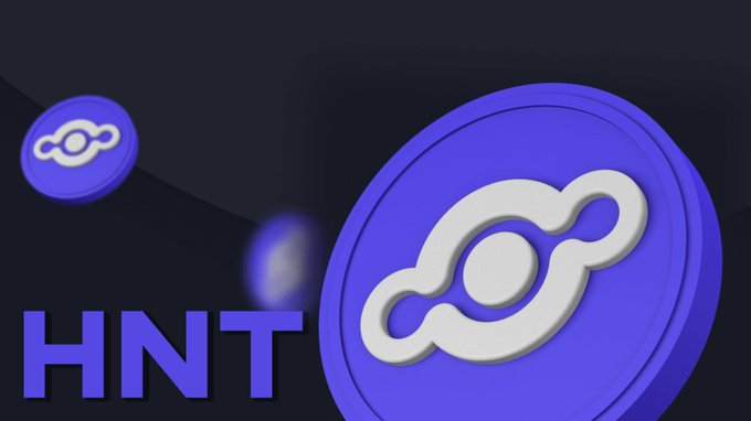 Stylized 3D graphic of the Helium (HNT) cryptocurrency logo—a white chain-link design on a purple circular coin—shown twice against a dark background.