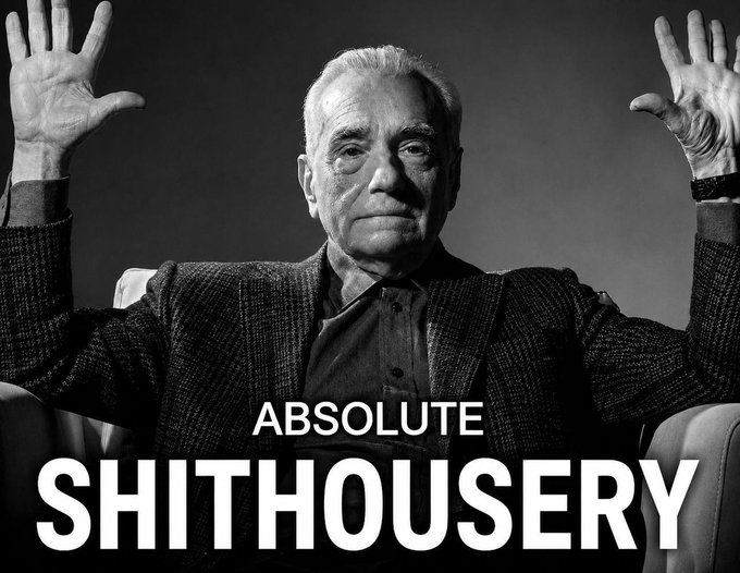 An elderly man in a tweed jacket throws his hands up in exasperation, captioned "ABSOLUTE SHITHOUSERY." The dramatic pose and bold text perfectly capture the post's frustration about someone scoring wildly on a shady meme coin while the commenter is left holding the bag.