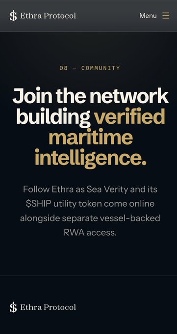 A dark webpage screenshot for 'Ethra Protocol' displays text reading '08 – COMMUNITY: Join the network building verified maritime intelligence' along with details about Sea Verity and the $SHIP utility token.