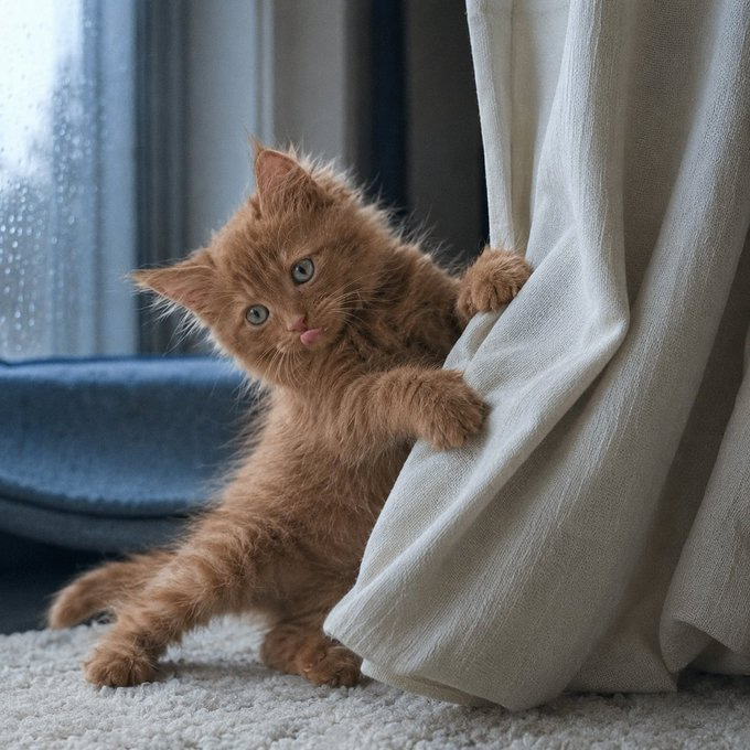 A fluffy orange kitten playfully sticks its tongue out while climbing a beige curtain.