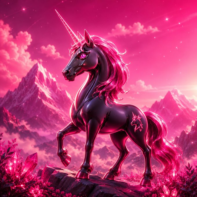 A vibrant digital artwork of a black unicorn with a flowing pink mane and glowing pink hooves, standing on a rocky outcrop in a pink-hued fantasy landscape with crystals.