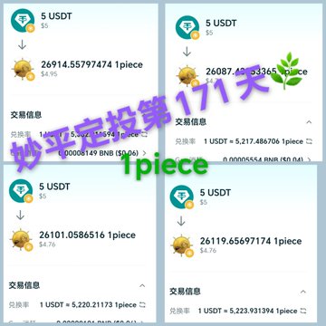 Screenshots of cryptocurrency exchange transactions showing USDT being swapped for varying amounts of BNB (around 26087 to 26119 pieces), with Chinese text overlay reading '妙姿撸第171天 1piece'.