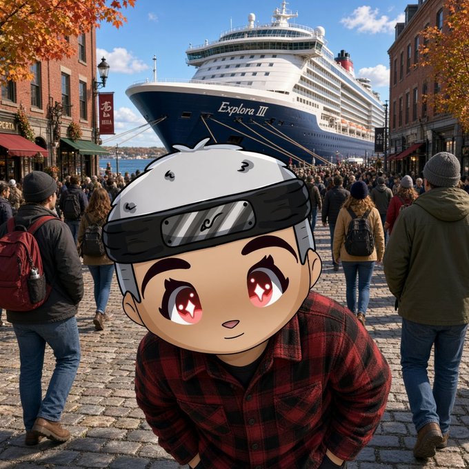 An anime-style character with large expressive eyes and a white helmet, wearing a red plaid shirt, superimposed onto a busy street scene featuring a large cruise ship labeled "Explora III."