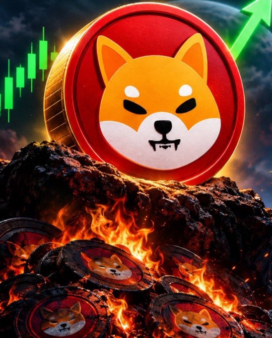 A digital artwork featuring a large Shiba Inu coin with fangs set against a fiery, rocky landscape with smaller identical coins burning below and a green candlestick chart arrow pointing upward.