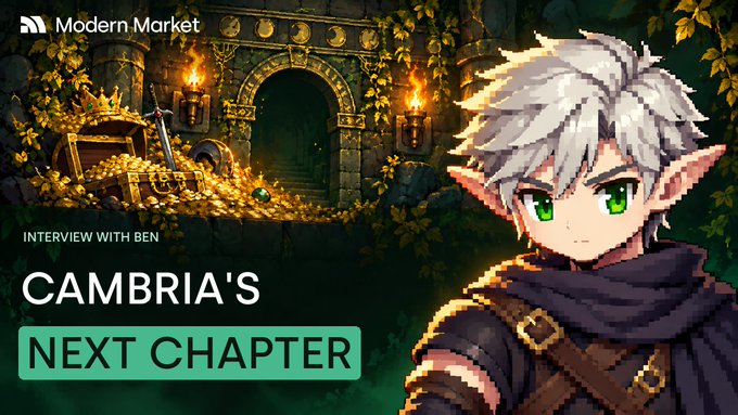 A promotional banner for Modern Market featuring an anime-style elf character with white hair and green eyes, alongside the text 'INTERVIEW WITH BEN' and 'CAMBRIA'S NEXT CHAPTER'.