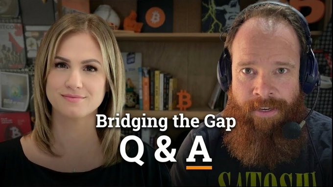 A split image from a Bitcoin-focused Q&A video titled 'Bridging the Gap Q&A', showing a woman on the left and a bearded man wearing a Satoshis shirt and headset on the right.