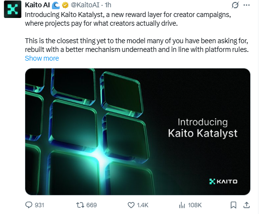 A tweet from @KaitoAI announces the launch of "Kaito Katalyst," a new reward layer for creator campaigns designed to pay based on real results creators drive. The post has garnered 931 replies, 669 retweets, 1.4K likes, and 108K views, with the image highlighting the "Introducing Kaito Katalyst" branding alongside the Kaito logo.
