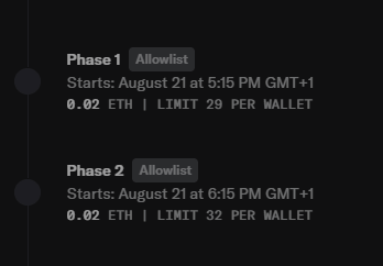 The image shows a minting schedule for "Rekt Tradooors" NFTs, with two allowlist phases offering a price of 0.025 ETH per mint, limited to 3 and 10 mints per wallet respectively, starting 8 hours from the post's time. The schedule indicates these are the maximum minting limits available to participants.