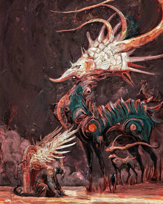 A towering, surreal creature with an elongated spiked head and teal-tinged body looms over smaller figures in a dark, otherworldly landscape, evoking the strange, mythological feel of Archan Nair's signature style — a fitting visual for Mūori's "GM NFTs" morning ritual of whimsical formation and patient observation.

A signature reading "archan" is visible vertically along the lower left edge of the painting.