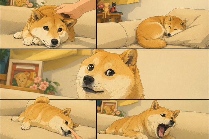 The image features a collage of six different photos, each depicting a dog in various poses and expressions. In one photo, there's a brown and white Shiba Inu lying down on a couch with its mouth open wide as if panting or yawning. Another photo shows the same dog sitting upright on top of the couch, looking at something off-camera. The remaining photos capture different moments in the dogs' lives, such as them laying on the floor, standing up, and interacting with their surroundings.

The post that accompanies these images reads: "Doge". This suggests that the collage is related to a Doge meme or a humorous image featuring dogs.