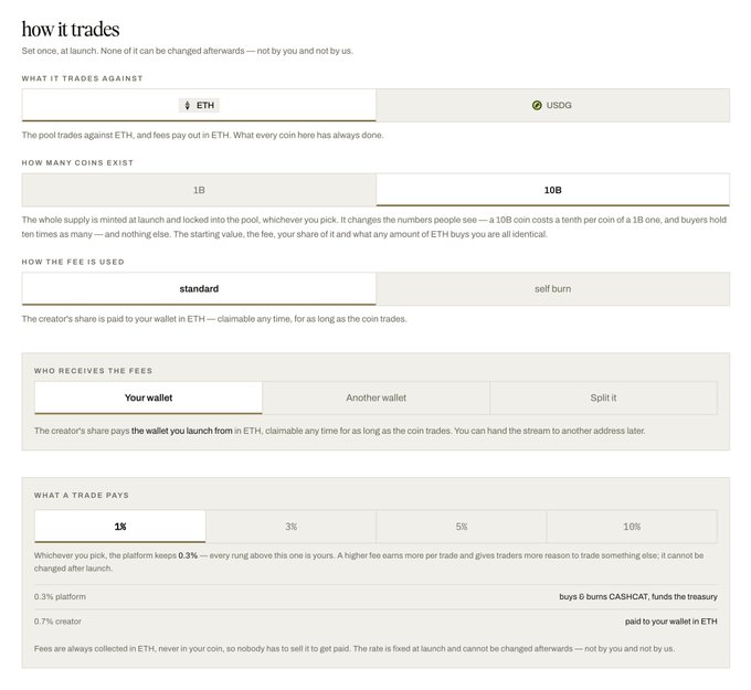 A screenshot of the "how it trades" configuration panel on a coin launch platform, showing settings where the pool trades against ETH and USDG, with a new 10B coin supply option (alongside the existing 1B), a 1% trade fee selected, and creator fees paid to "Your wallet"—directly reflecting the post's announcement that users can now launch tokens with a 10 billion supply.