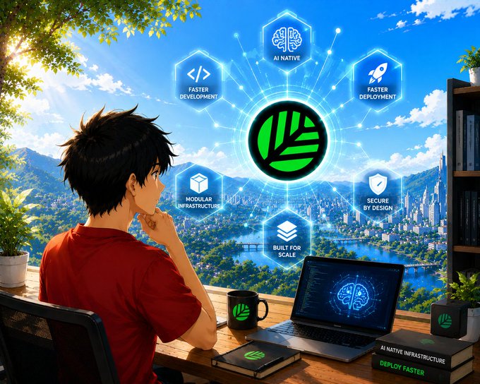 An anime-style illustration shows a young man in a red shirt gazing out a window at a cityscape, with a holographic display featuring a green leaf logo surrounded by features like 'AI NATIVE', 'FASTER DEVELOPMENT', 'FASTER DEPLOYMENT', 'MODULAR INFRASTRUCTURE', 'SECURE BY DESIGN', and 'BUILT FOR SCALE'.