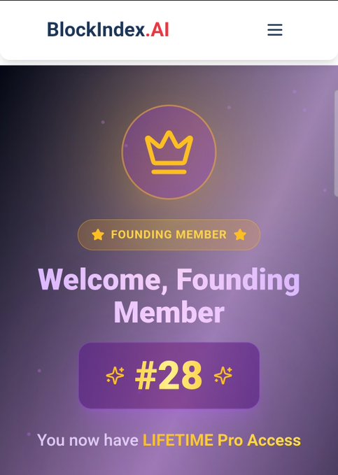 The image shows a phone screen displaying a website called Blockindex.ai, which appears to be an AI-powered search engine. The main focus of the image is a purple background with a gold crown symbolizing the founder member status. Below this, there are two stars and the number 28 displayed in yellow text. The caption below the image reads "Let's go $DGB". This suggests that the user should be going to the Blockindex.ai website to learn about Lifetime Pro Access.