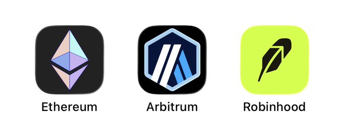 Three app icons representing Ethereum, Arbitrum, and Robinhood are displayed side by side, illustrating the platforms that @Offchain contributes to the development of as mentioned in the caption.