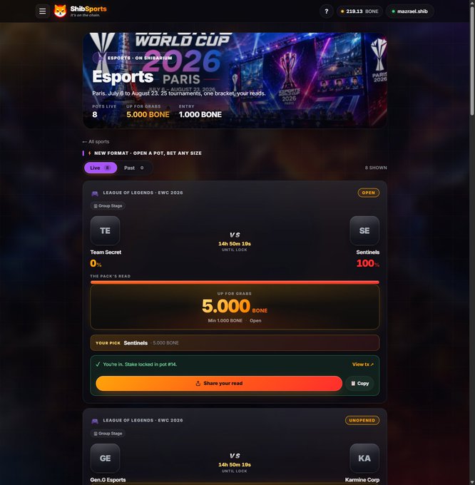 ShibSports Esports World Cup 2026 Paris betting interface displaying League of Legends match between Team Secret and Sentinels with 5,000 BONE wager option.