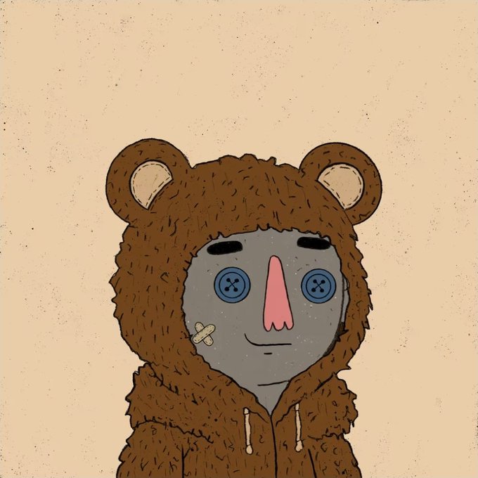 A whimsical illustration of a character wearing a fuzzy brown bear hooded sweatshirt, featuring blue button eyes, a pink nose, and a small band-aid on the cheek.