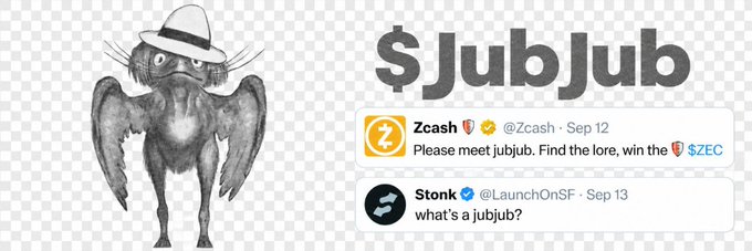 The image shows a banner for the Solana token $JUBJUB, featuring a black-and-white illustration of a hat-wearing bird creature alongside mock Twitter posts where Zcash introduces "jubjub" and Stonk on LaunchOnSF asks about it. This whimsical promotional graphic illustrates the fictional lore being built around the $JUBJUB token that the community member has just uploaded as a banner image for the project on Moby.