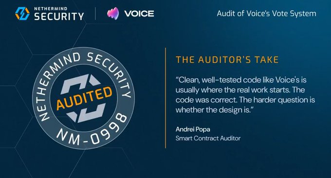 A slide titled 'Audit of Voice's Vote System' from Nethermind Security featuring the 'AUDITOR'S TAKE' by Andrei Popa, Smart Contract Auditor.