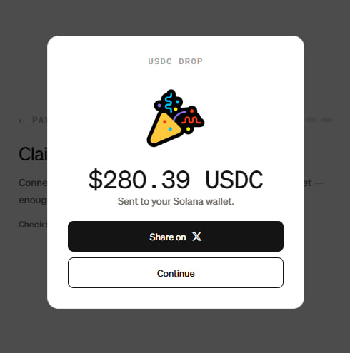 The image shows a "USDC DROP" confirmation popup displaying $280.39 USDC "Sent to your Solana wallet," with options to "Share on X" or "Continue." It illustrates the successful completion of a Moonpay airdrop claim, visually reinforcing the post's message about not delaying participation in the airdrop.